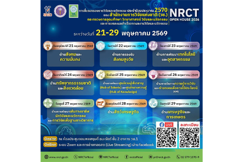 ขอเชิญเข้าร่วมรับฟังการชี้แจงกรอบการวิจัยและนวัตกรรม ของสำนักงานการวิจัยแห่งชาติ (วช.) ประจําปีงบประมาณ 2570 (NRCT Open House 2026)